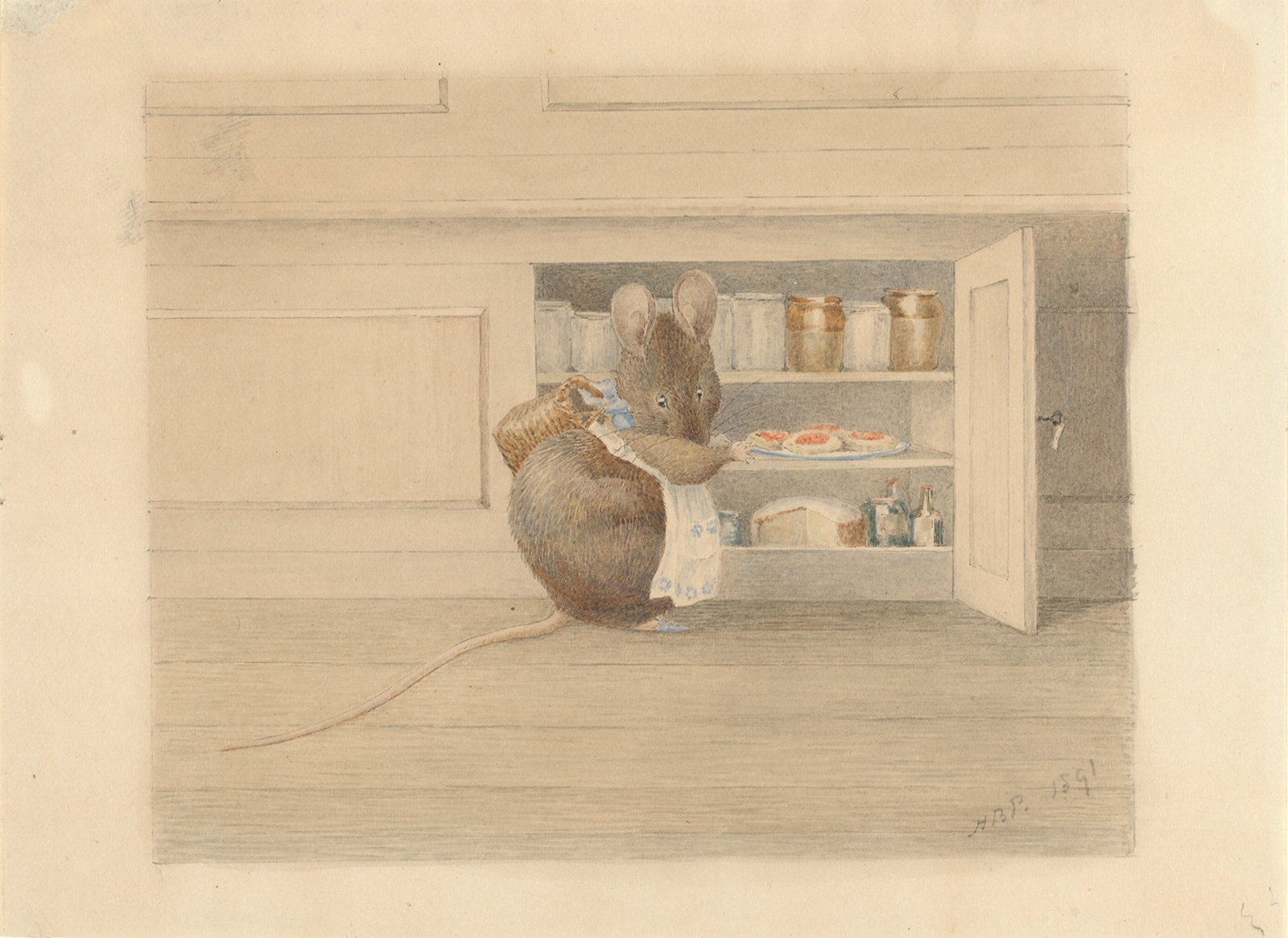 Beatrix Potter art - "Apple Dapply at a cupboard and running with a plate of tarts"