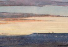 8th Bighorn Rendezvous Ed Borein (1872–1945), "Two Cowhands at Dusk," n.d., watercolor on paper, 4 7/8 x 9 3/8 in., Peters Family Collection