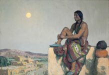 New Mexico Museum Celebrates 100 Years Western Art - Eanger Irving Couse (1866–1936), "The Cacique," c. 1932, oil on canvas, 34 5/8 x 45 11/16 in., Harwood Museum of Art, gift of the Lewis J. Affelder Estate