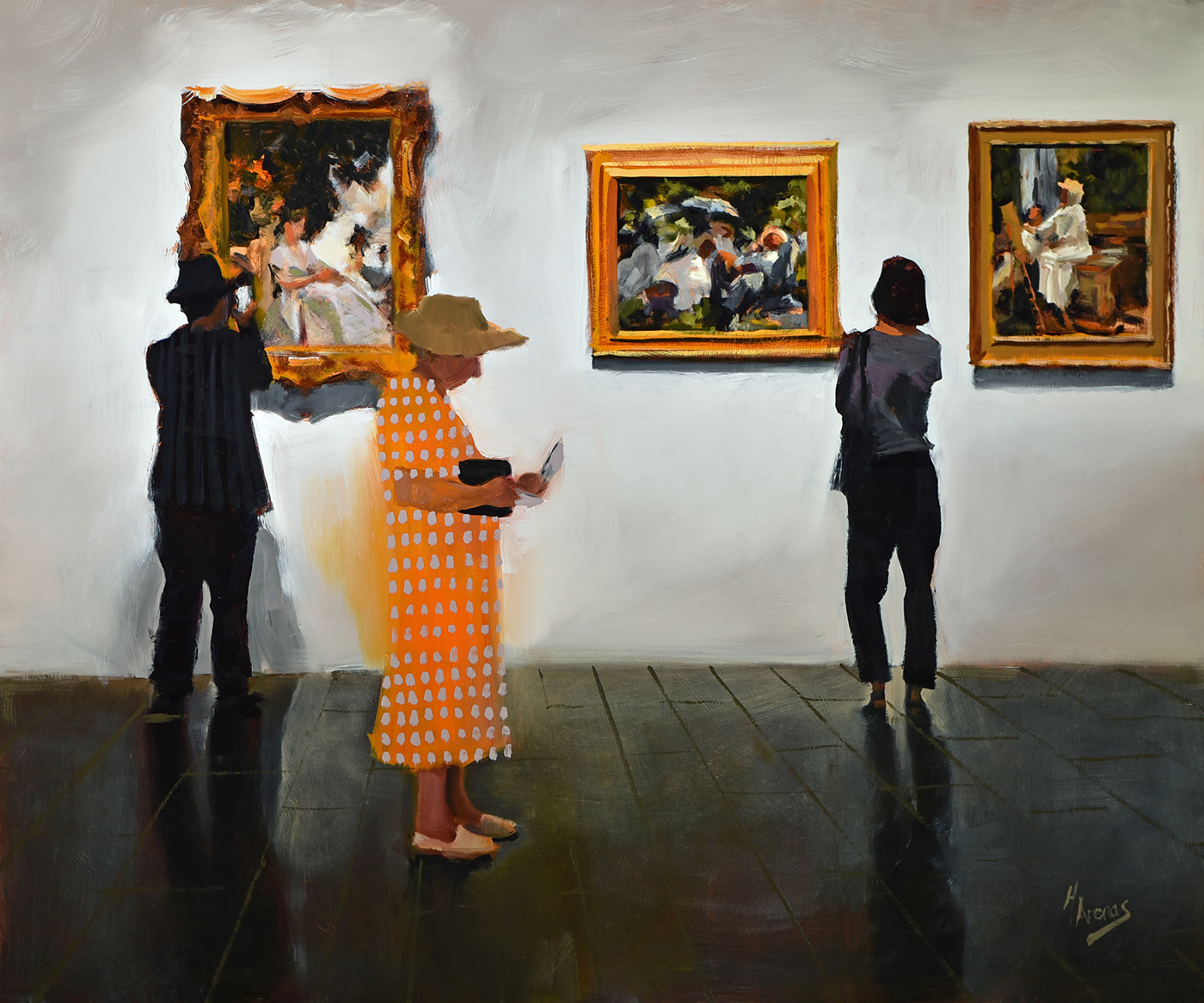 oil painting of an art exhibition; people looking around at artwork