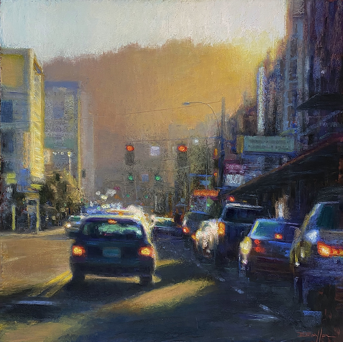 oil painting of sun shining through a city street, filled with cars