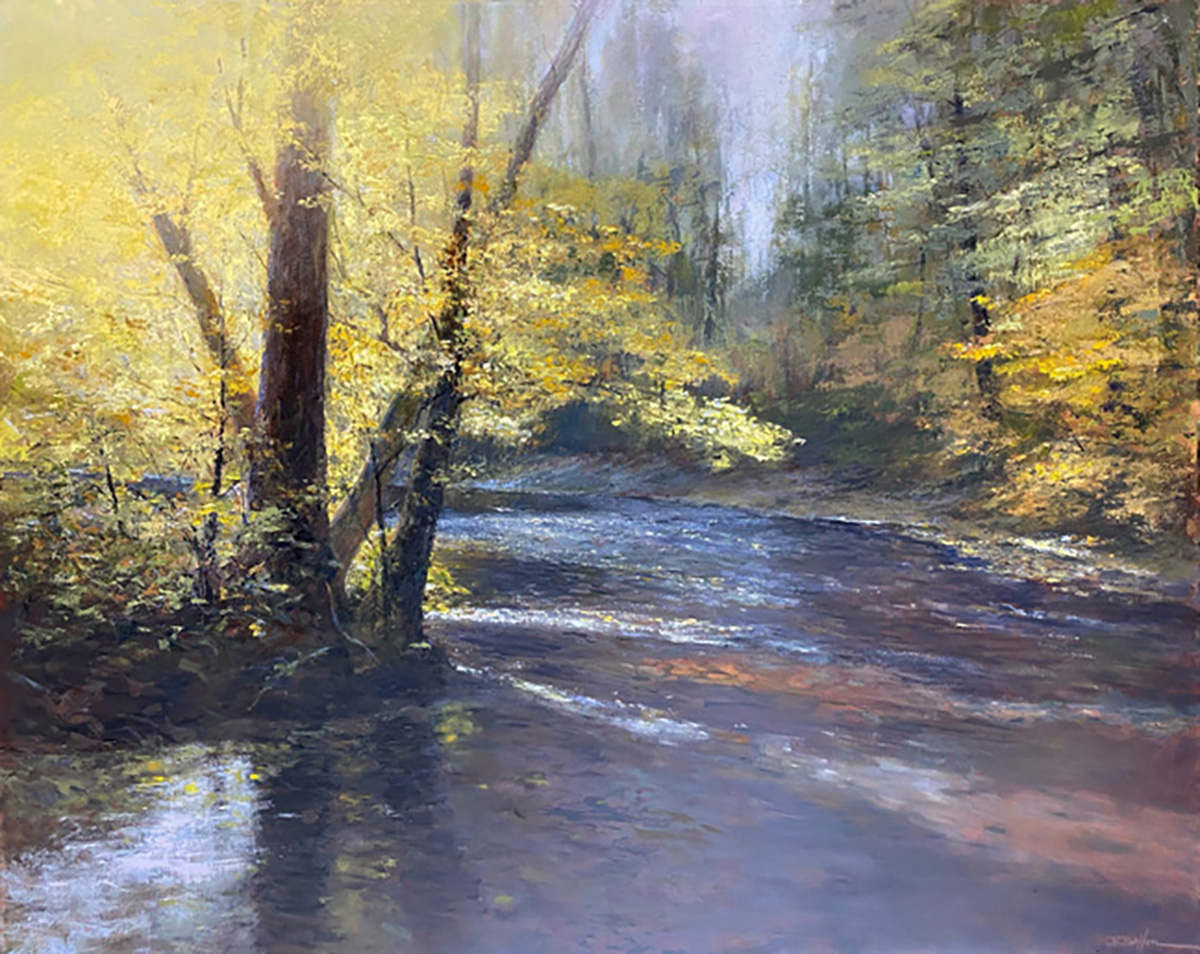 Oil painting of a stream surrounded by trees