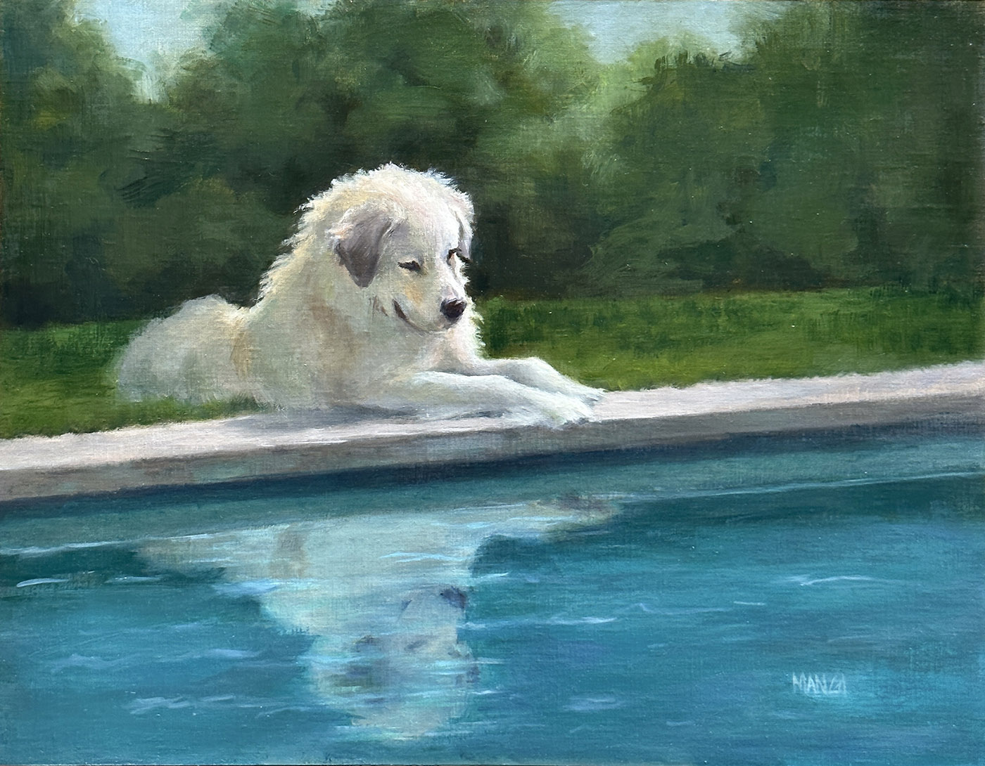 oil painting of a dog sitting by a pool, looking at it's reflection
