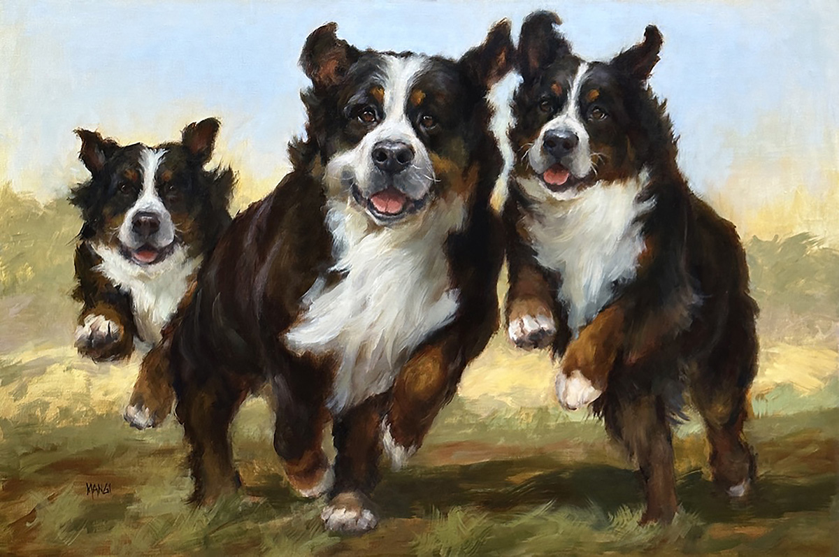 oil painting of 3 dogs running towards viewer