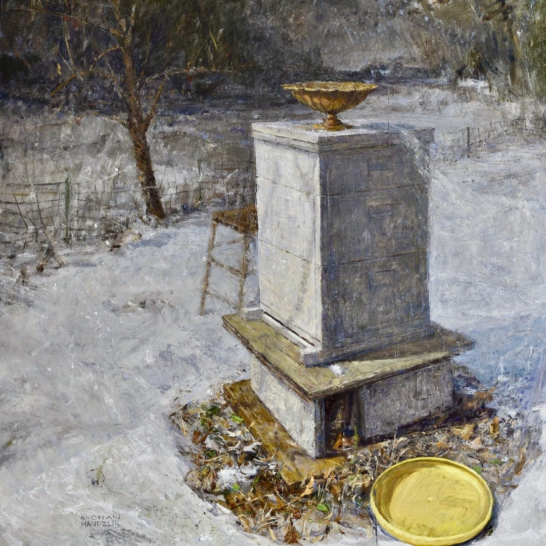 Oil painting of a beehive in winter