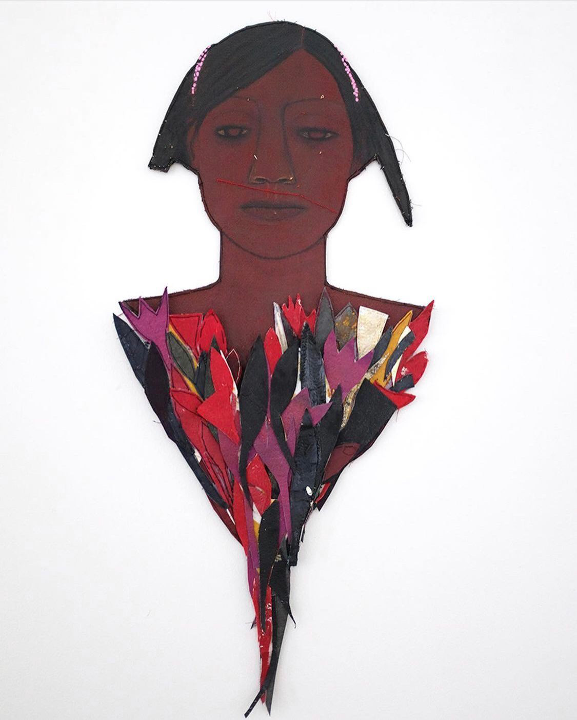 Alicia Henry (b. 1966), Untitled Figure with Flowers, ca. 2020. Dye acrylic, fabric, thread, and paper. 35 x 16 in. Collection of Sasha and Charlie Sealy © Alicia Henry, 2023