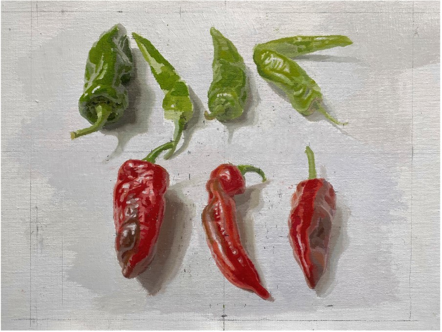 Contemporary art still life painting of peppers