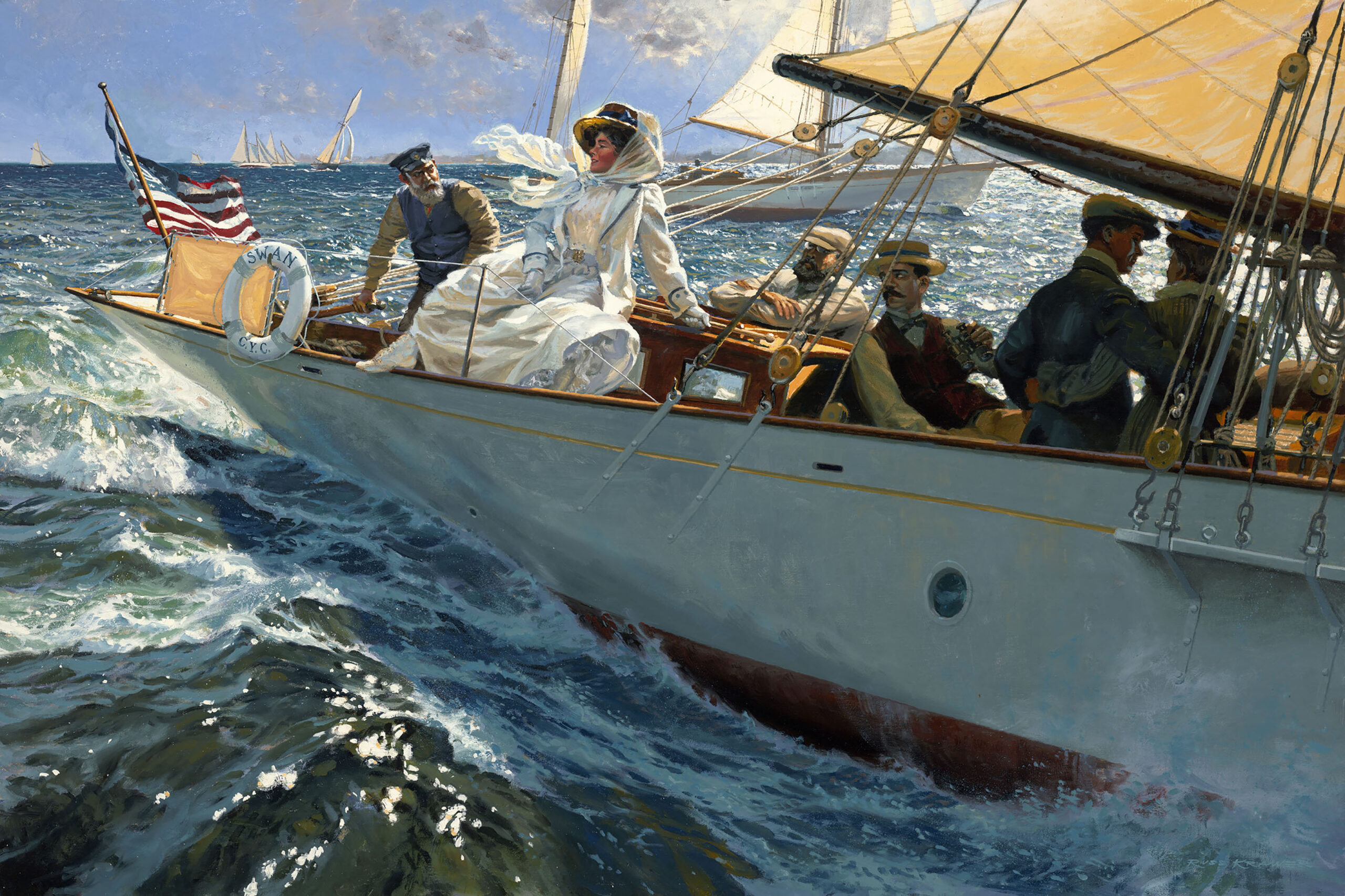 oil painting of people on a boat