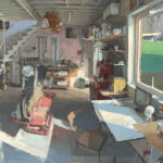 Atravesando El Ojo (Through the Eye) Peter Van Dyck, "Studio Interior Bike Workshop," oil on board, 32 x 26 in.