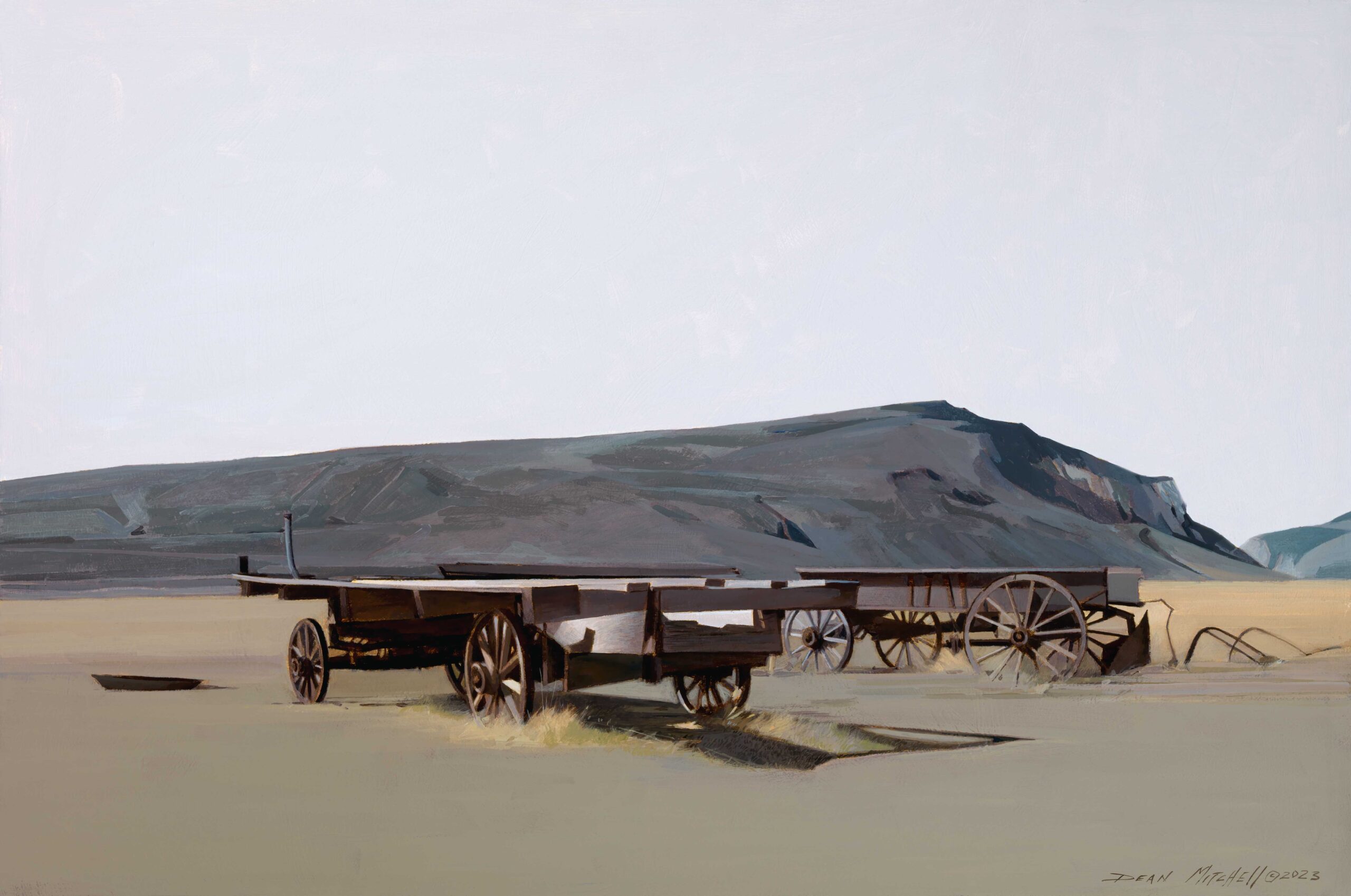 Dean Mitchell, “Trail Town Wagons,” 2023, Acrylic, 20 x 30 inches