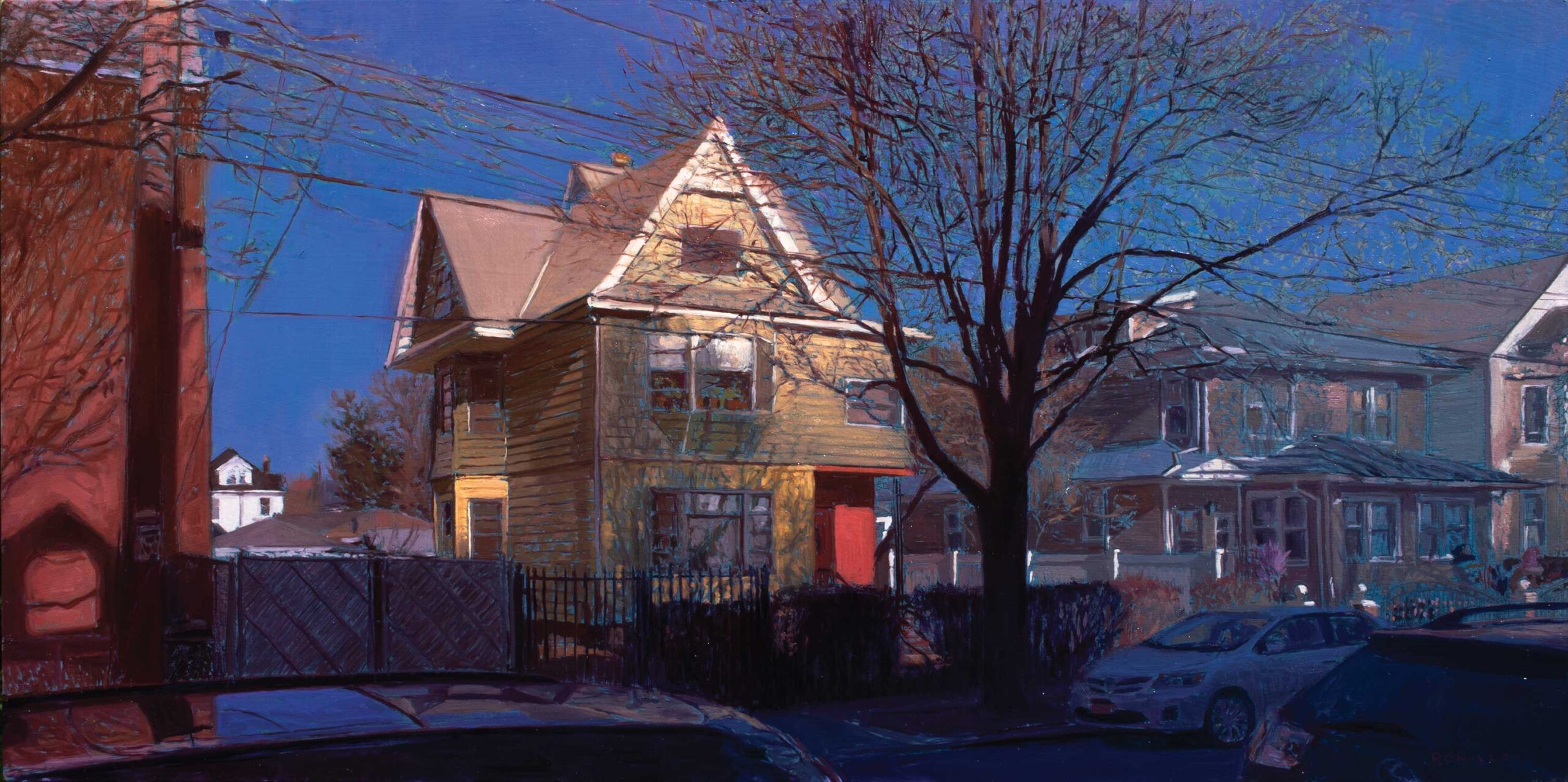 Raymond (Ray) Bonilla (b. 1983), "Across the Street from Mom and Dad’s," 2019, oil on panel, 12 x 24 in.