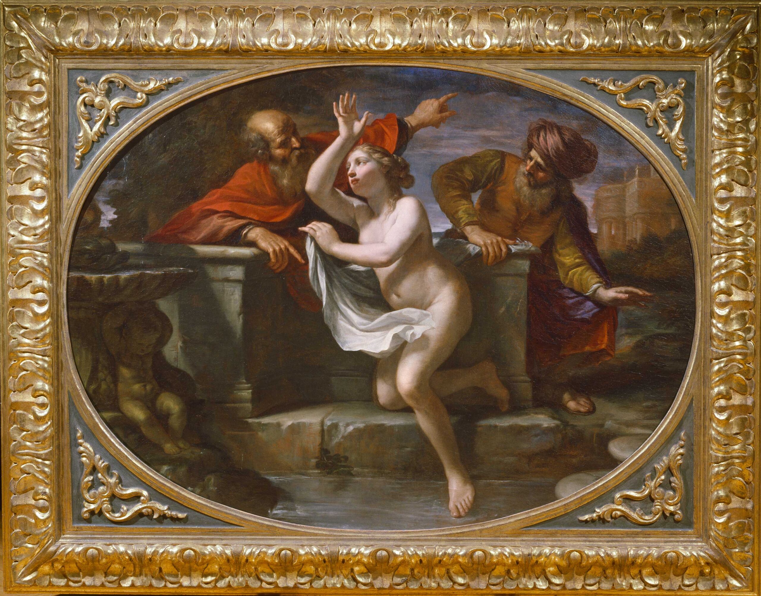 Cesare Gennari, Cento, 1637 – Bologna, 1688, "Susanna and the Elders," 1670-1675, oil on canvas, 108.8x146.3 cm / 42.8x57.6 in. (senza cornice), 138x175 cm (con cornice) 