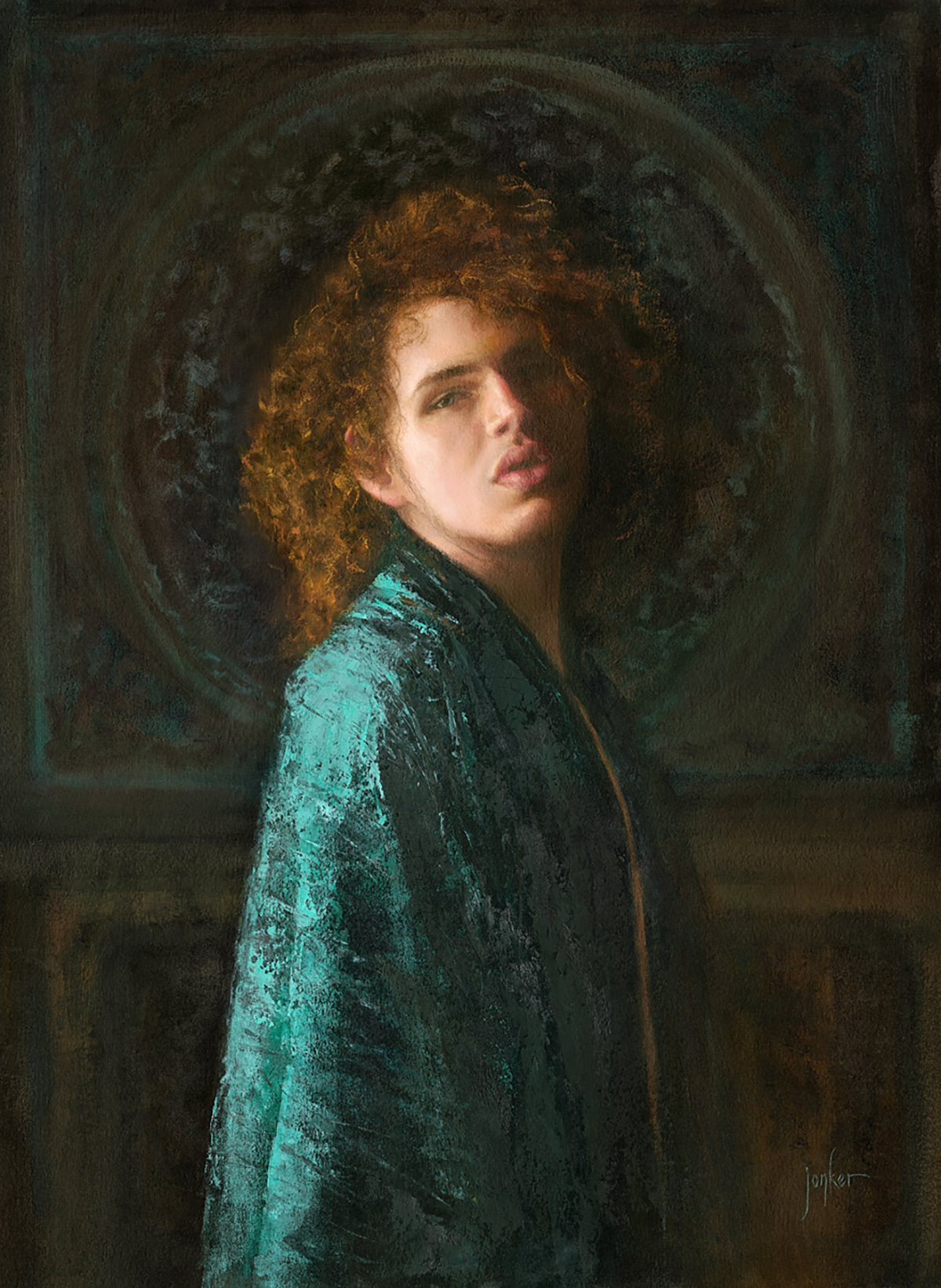 painting of a model looking at the viewer, wearing green 