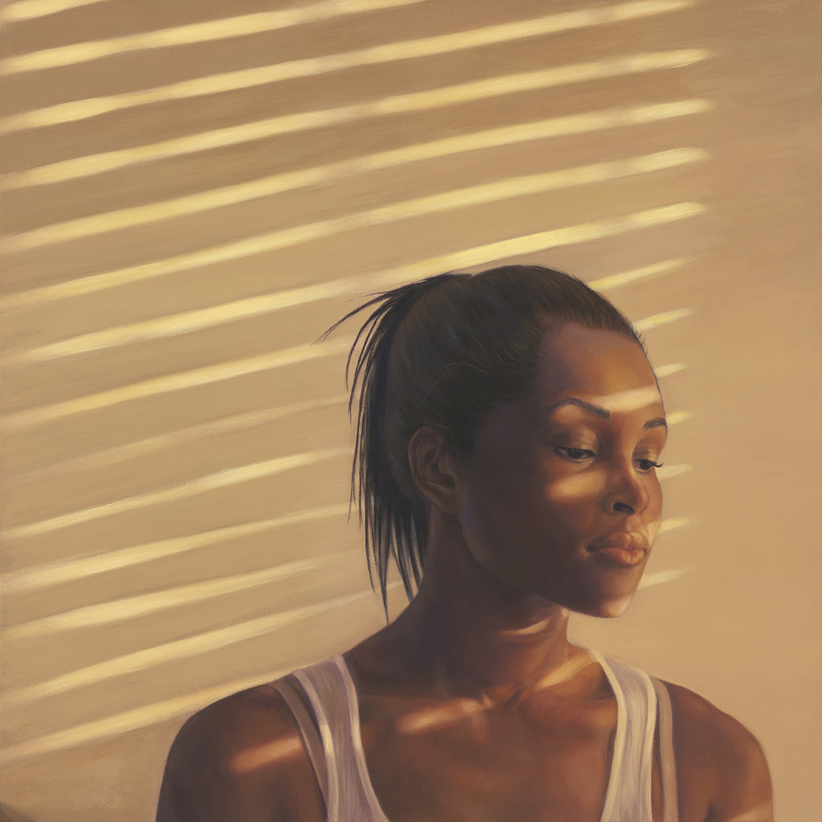 oil painting of woman portrait with light coming through blinds, shining on her body and background