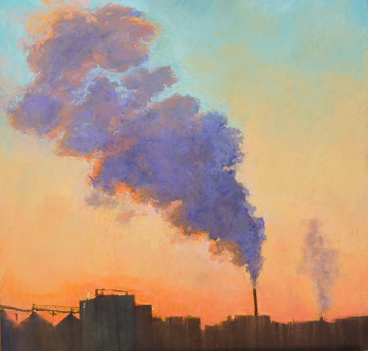 pastel painting of cityscape with buildings releasing smoke