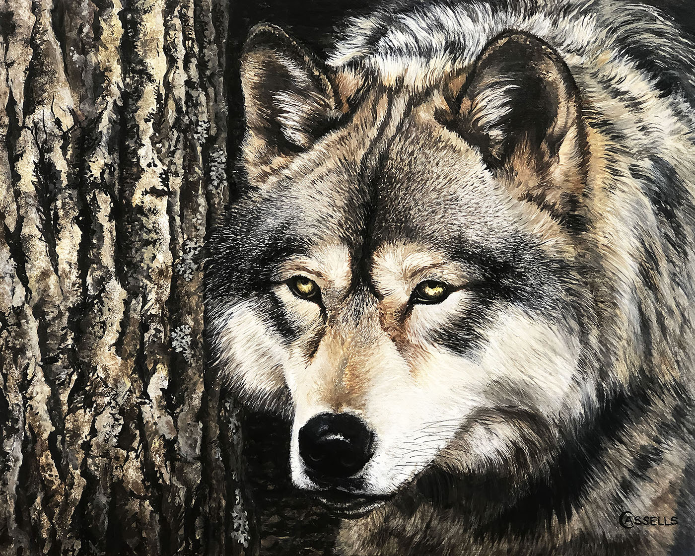 oil portrait painting of a wolf peering around a tree
