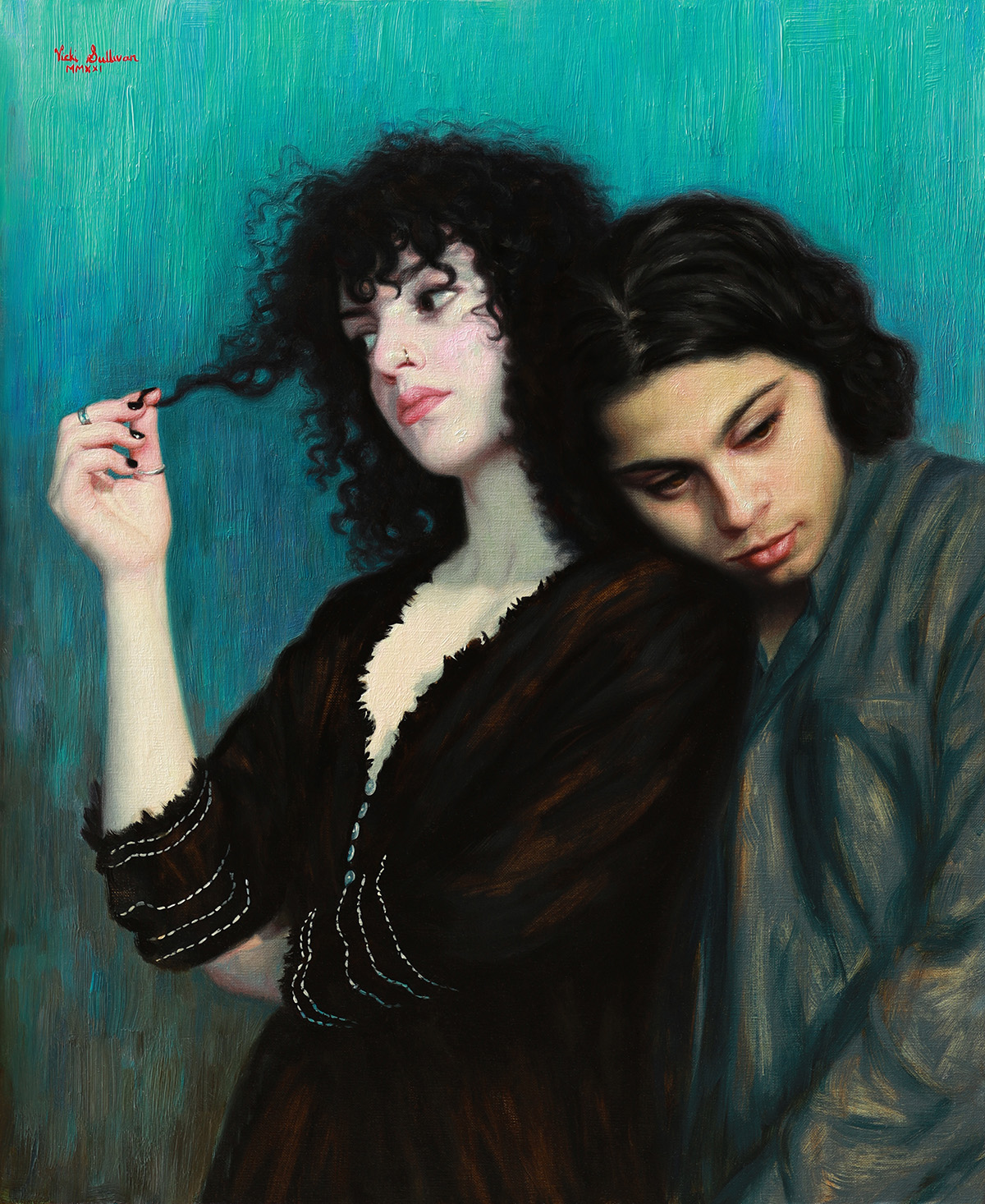 Two woman leaning on each other, looking in opposite directions, looking away from the viewer