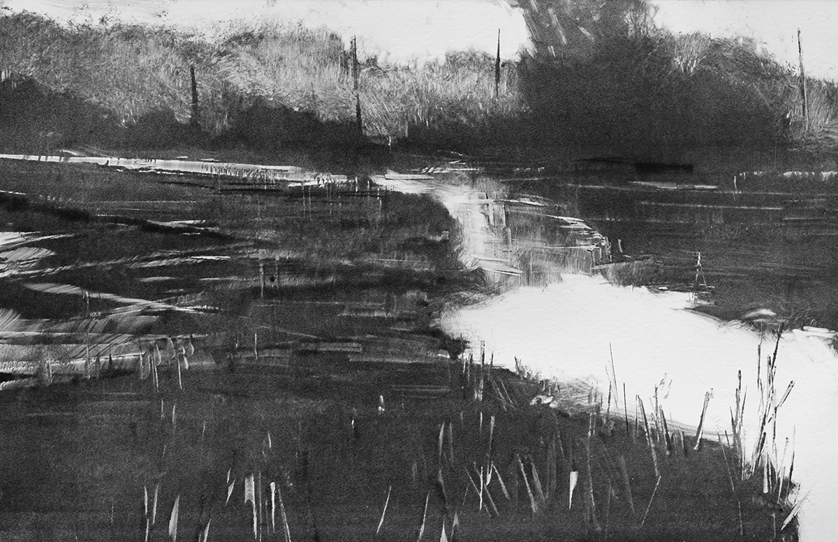 black and white pastel painting of a river flowing through with land and trees
