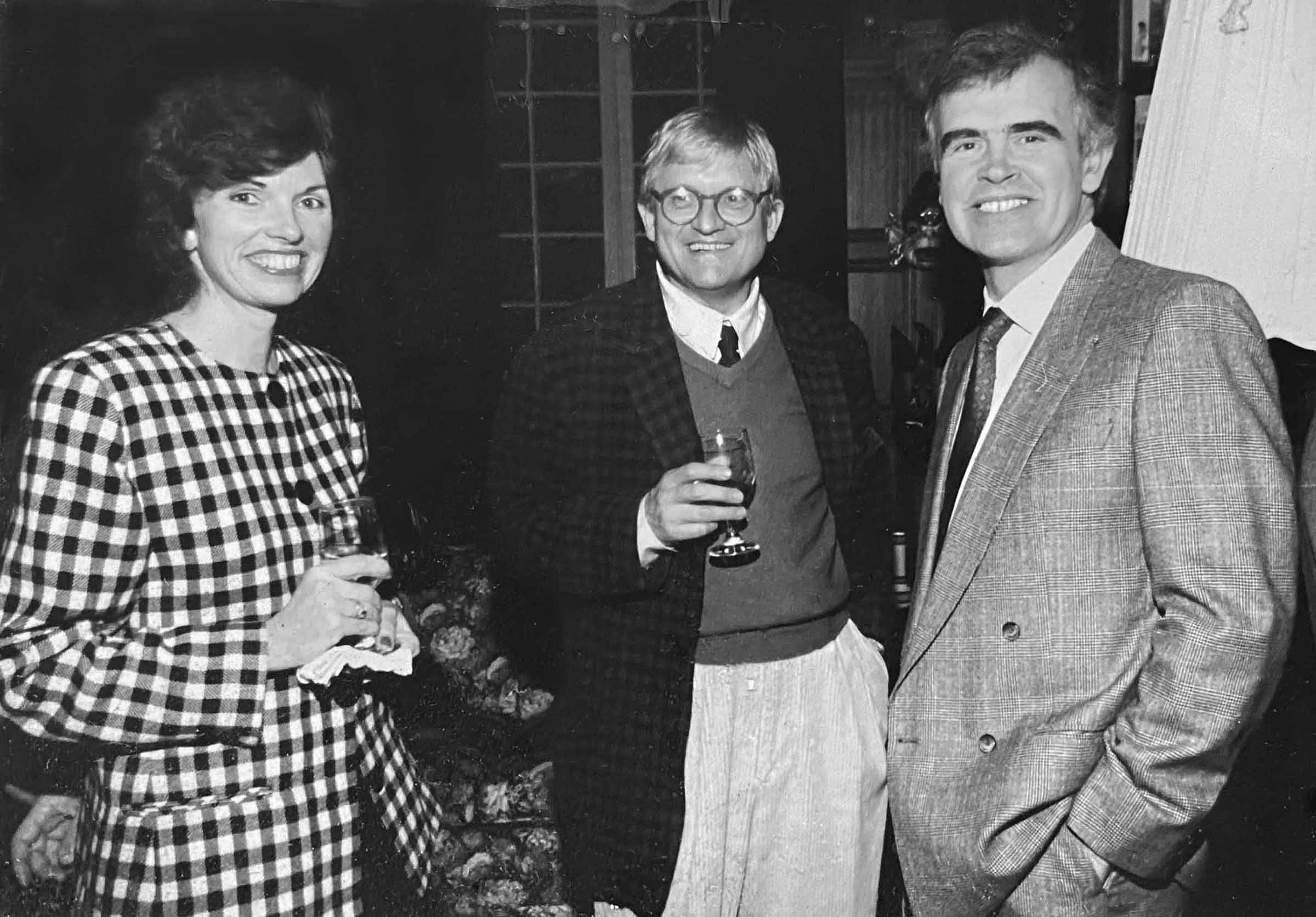 Diane and Ralph Waterhouse with David Hockney at the British Consulate LA in 1989