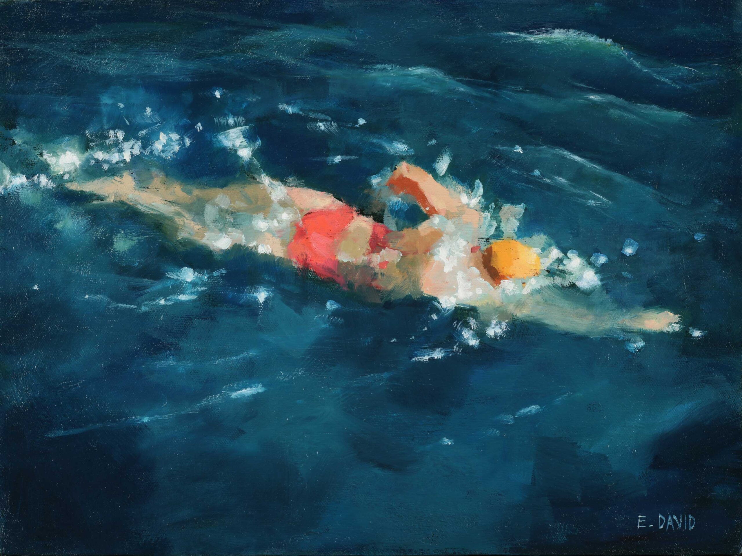 Oil painting of a woman swimming