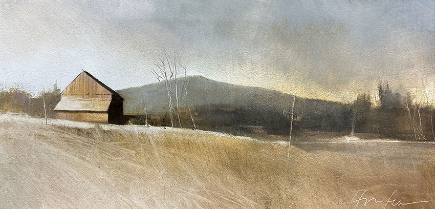 "Ascutney From Kamel's Farm," oil on panel, 6 x 12"