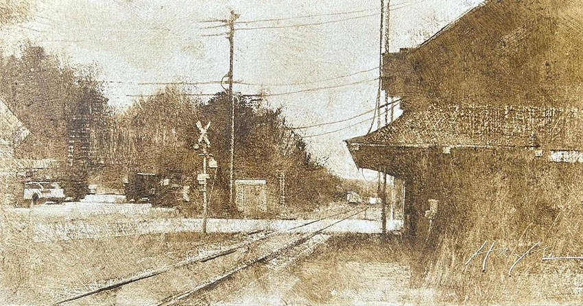 "Chester Depot, Vermont," oil on muslin panel, 6 x 12"
