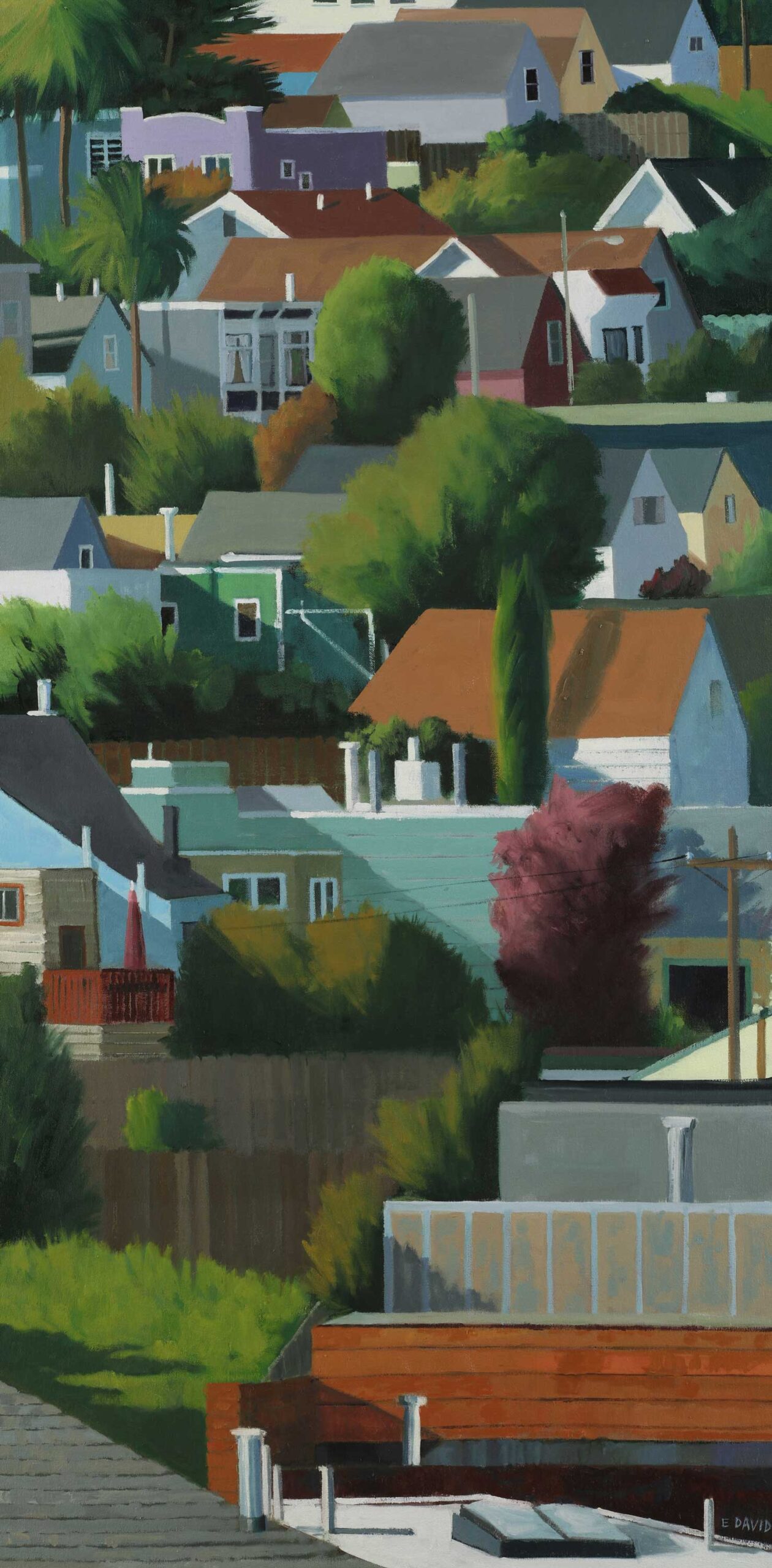 Eileen David, "Red Tree and Backyard Fences," 2023, oil on canvas, 48 x 24 in.