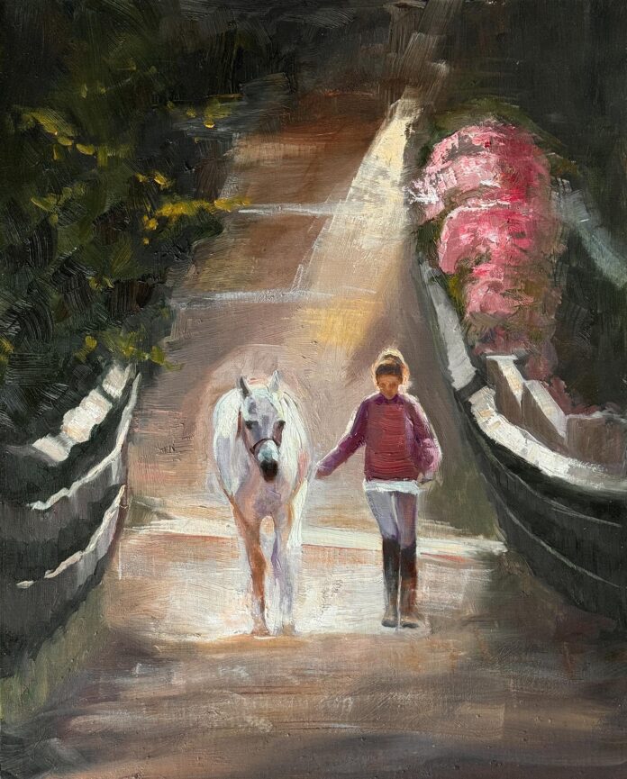 oil painting of equestrian walking their horse; walking towards the viewer