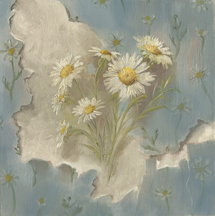 oil painting of worn wallpaper; Daisies growing out of it