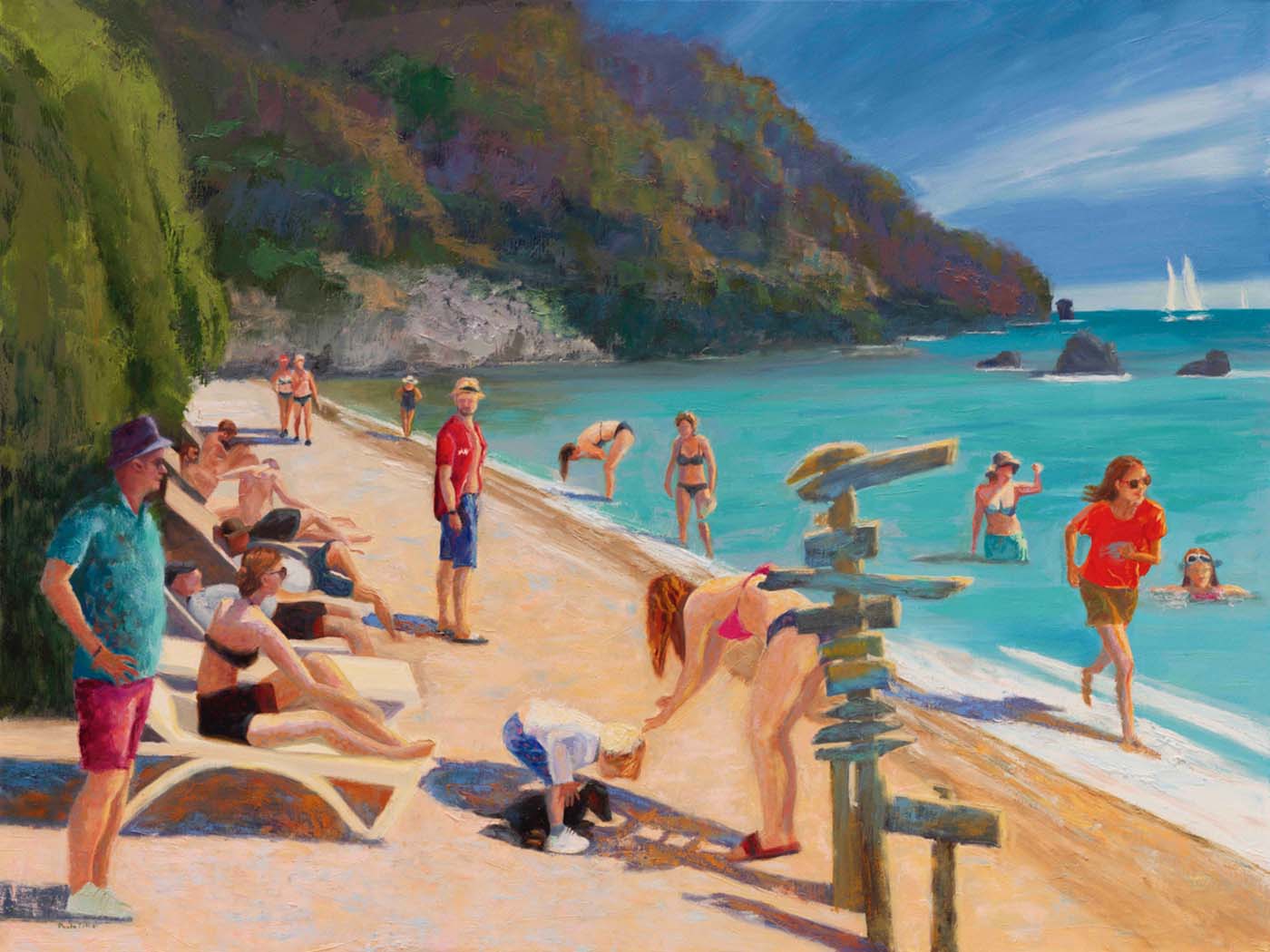 oil painting of people on beach; signs in front of viewer