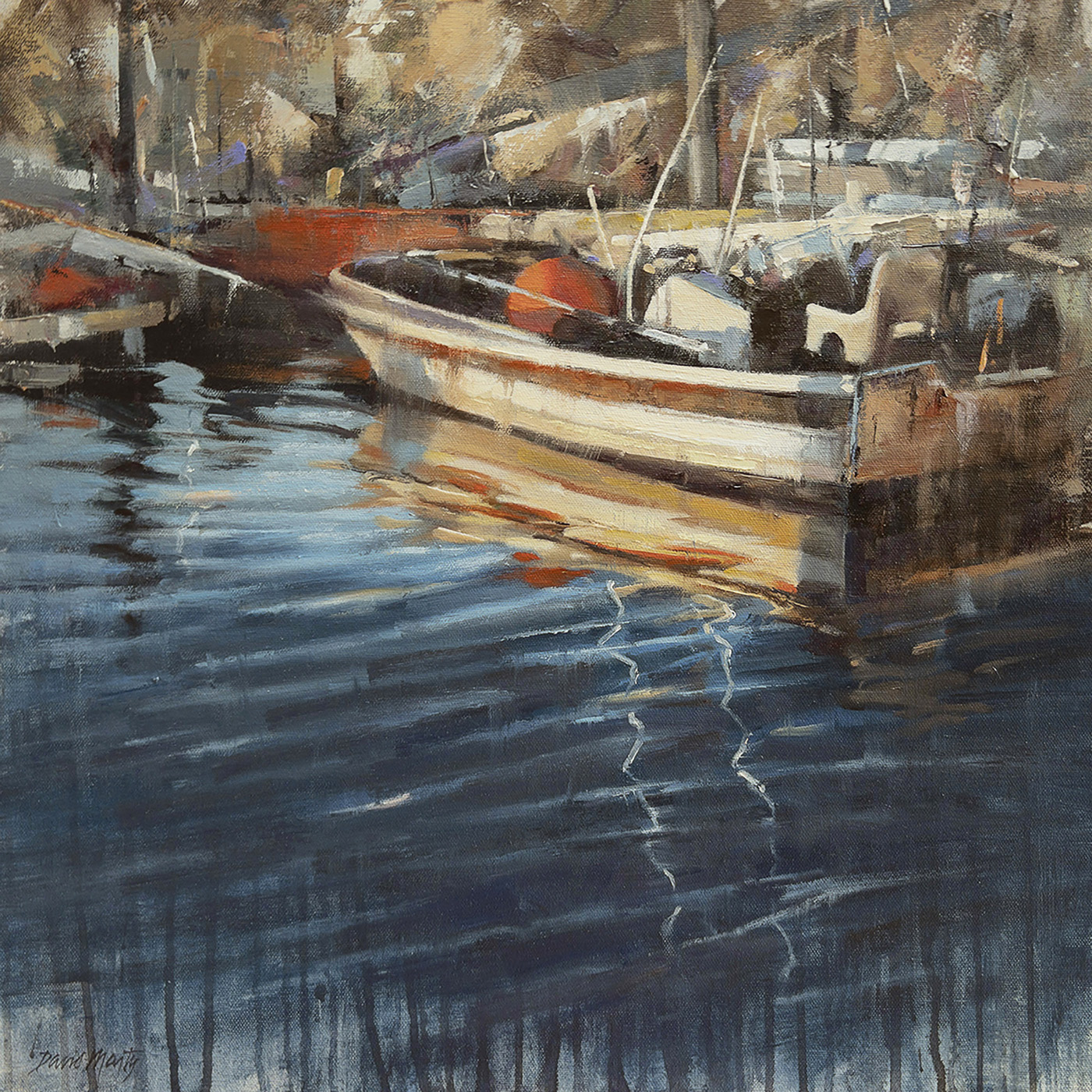 oil painting of boat sitting in water