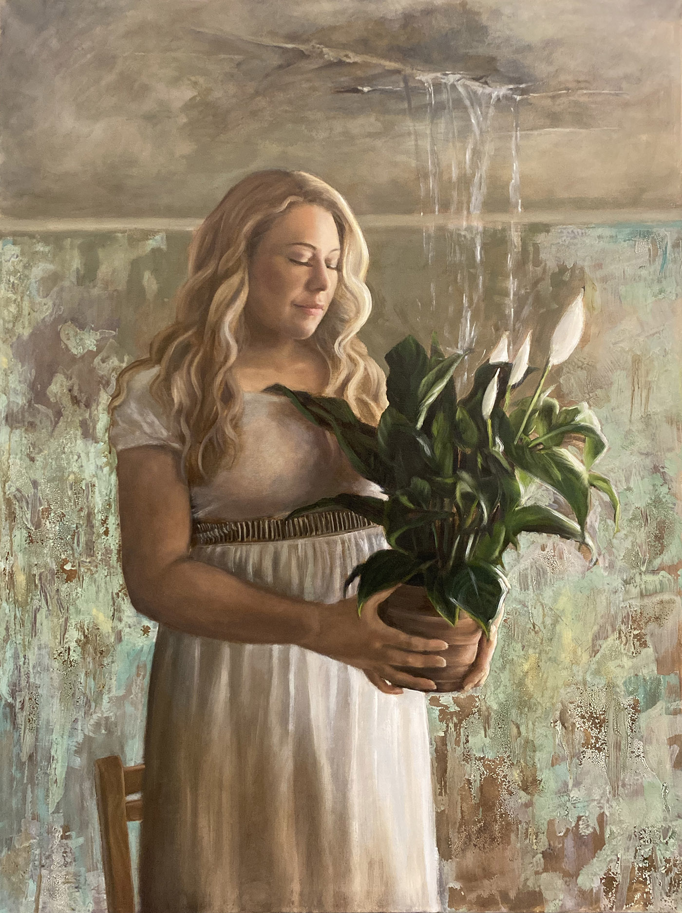 oil painting of woman holding flower pot, water coming down from ceiling