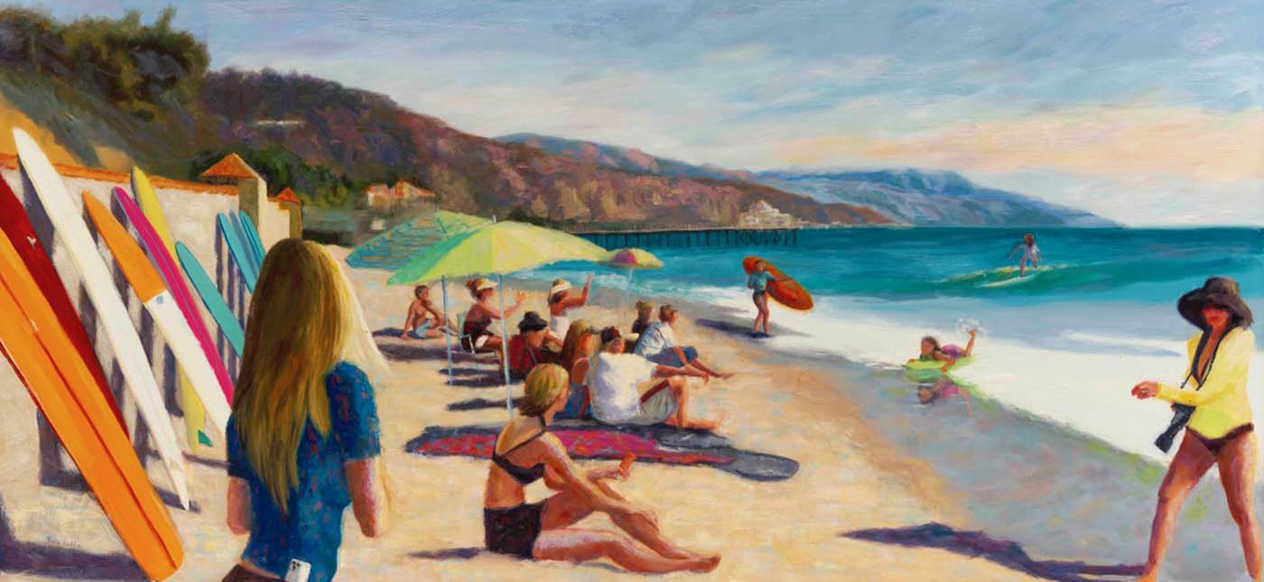 oil painting of people on beach watching a surfer in the background