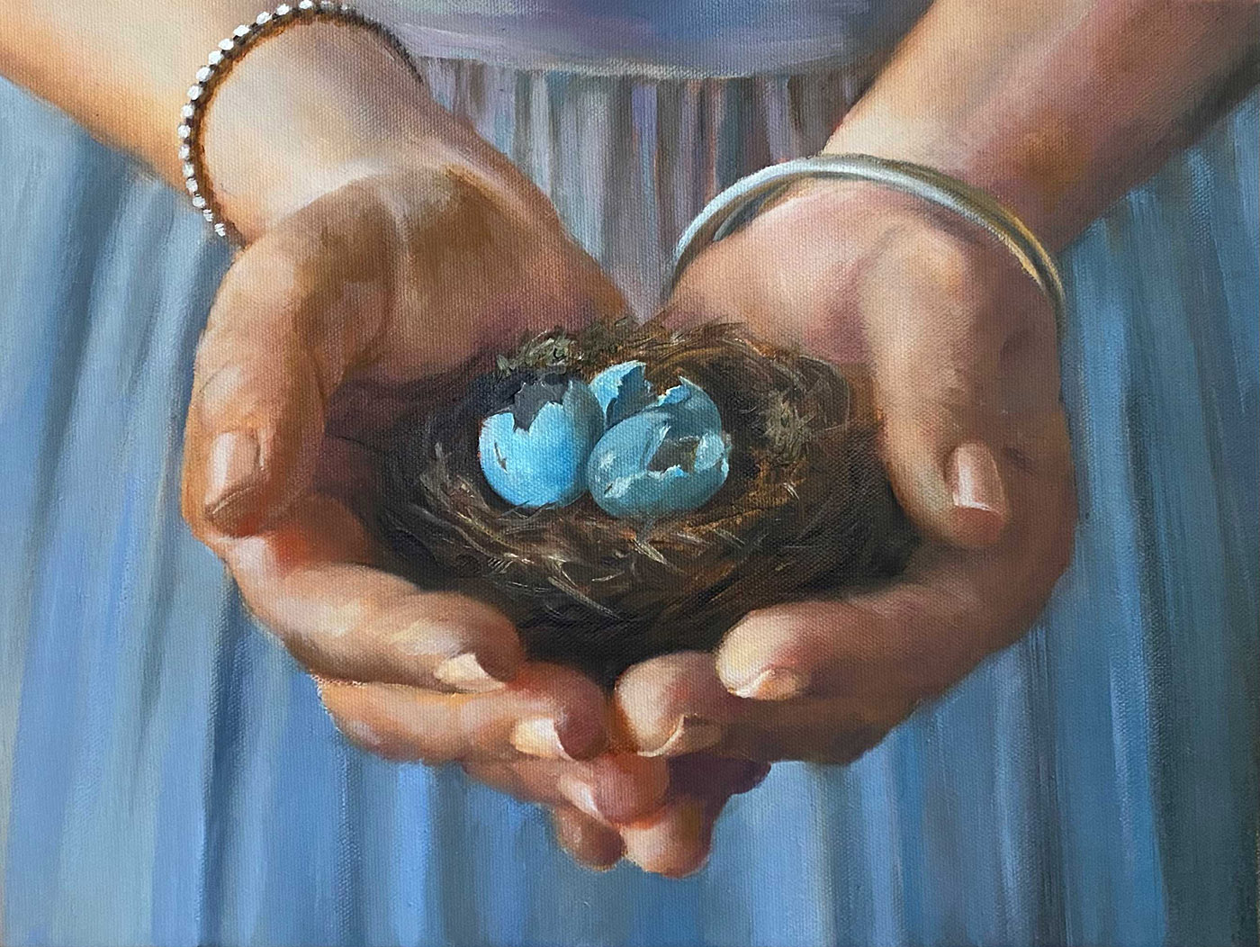 closeup oil painting of a birds nest in a woman's hands; shells are broken