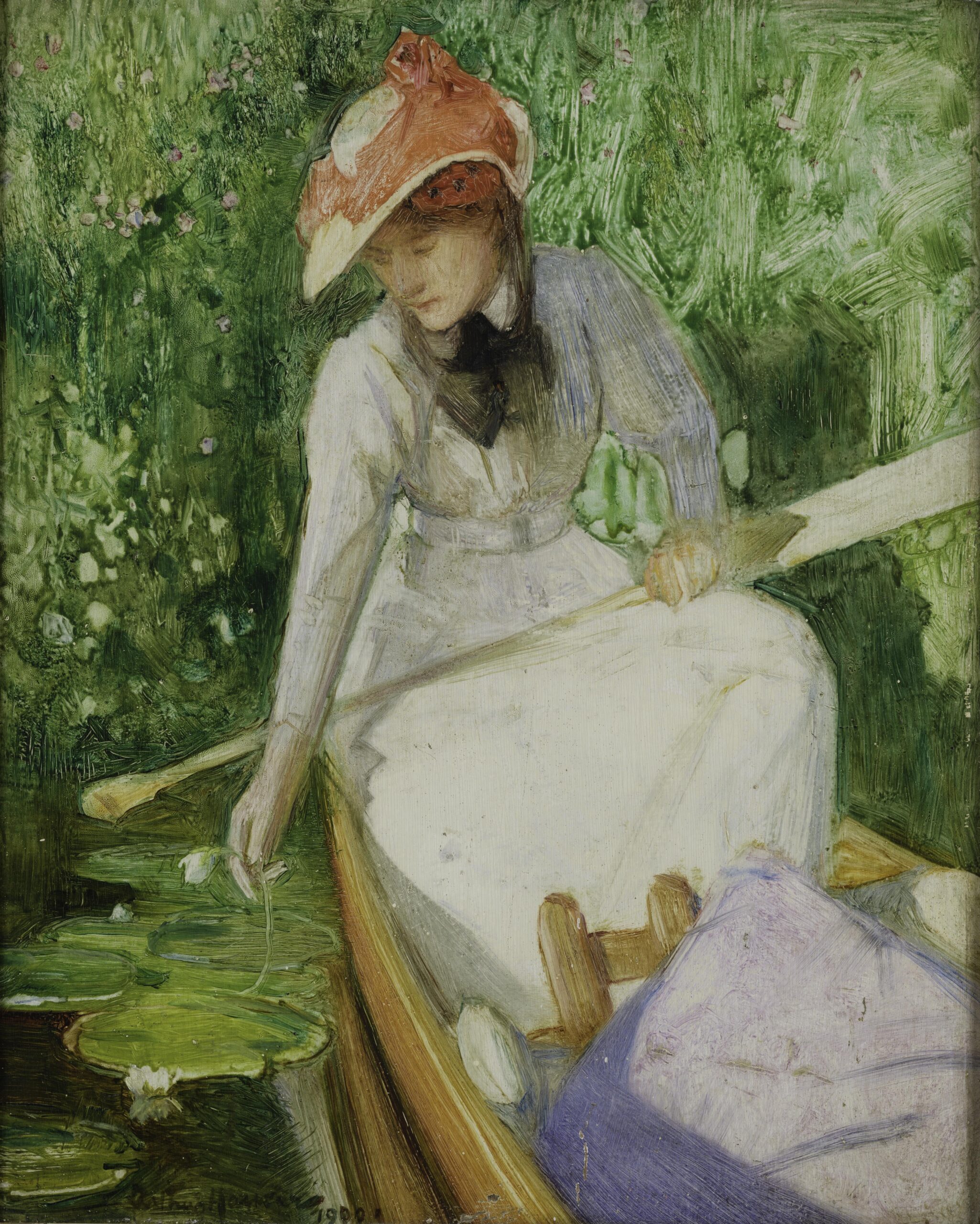 Arthur Hacker, British, 1858–1919, "A Quiet Cove, Girl Canoeing," 1900, Oil on panel, 15 ¾ x 13 inches, Saint Vincent Art & Heritage Collections, Gift of Michael and Aimee Rusinko Kakos, Photograph by Nathan J. Shaulis/Porter Loves. 