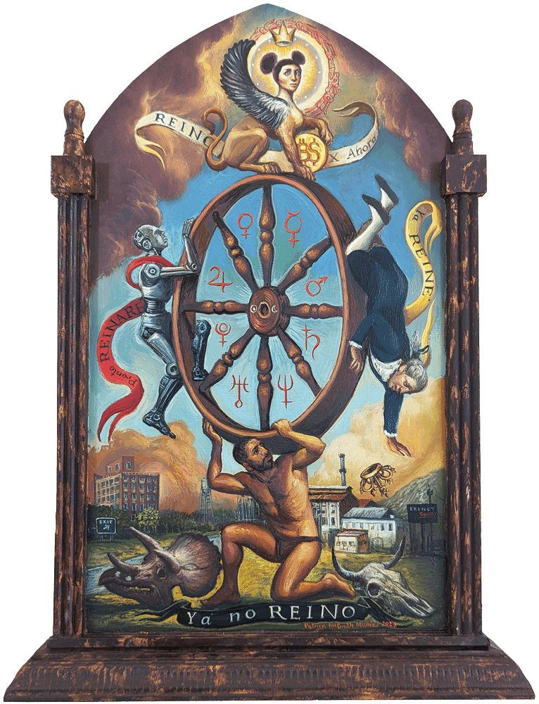 Patrick Macgrath Muñiz, "La Noria," oil and metal leaf on panel, 33 x 19 in.