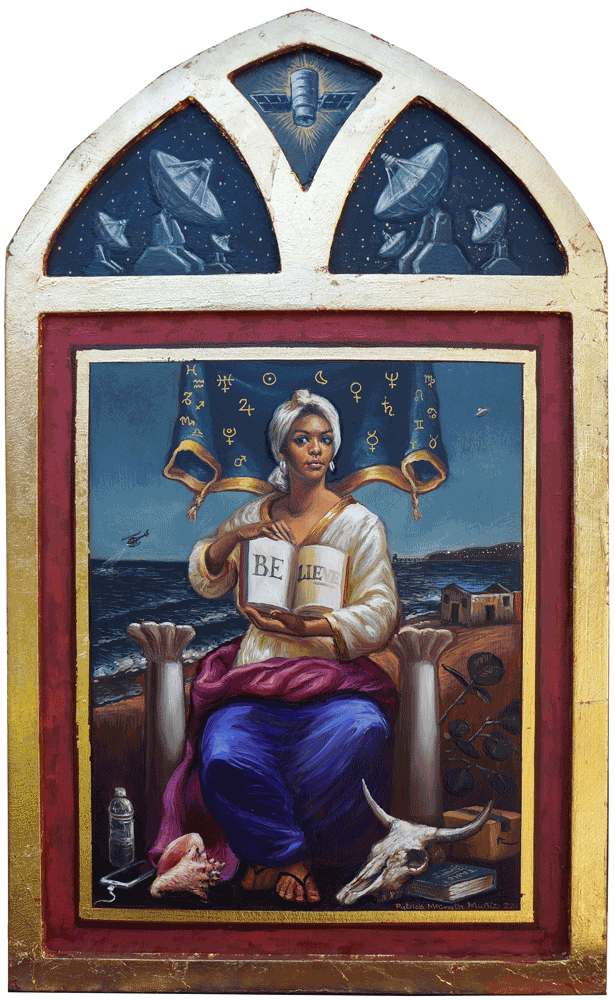Patrick Macgrath Muñiz, "La Papisa," oil and gold leaf on panel, 20 x 12 in.