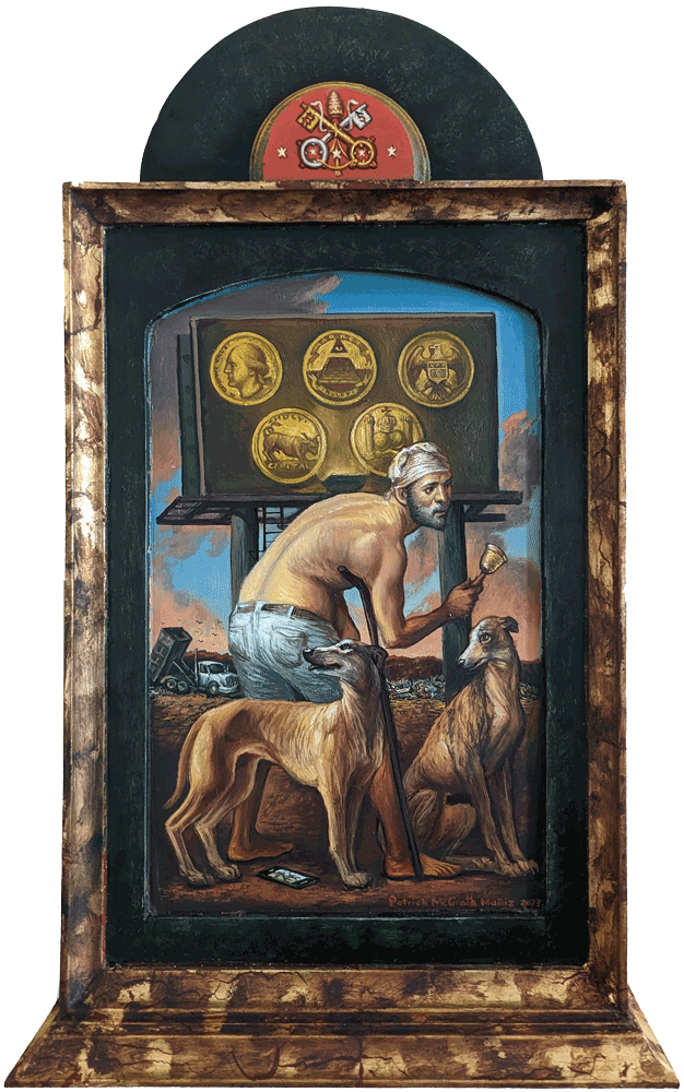 Patrick Macgrath Muñiz, "Lazarus Senex," oil and metal leaf on panel, 33 x 12 in.