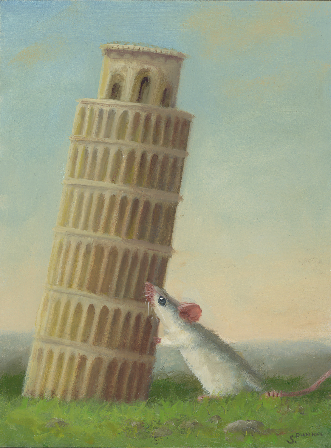 Contemporary art - Stuart Dunkel, "Saving Pisa," Oil on panel, 8 x 6 inches