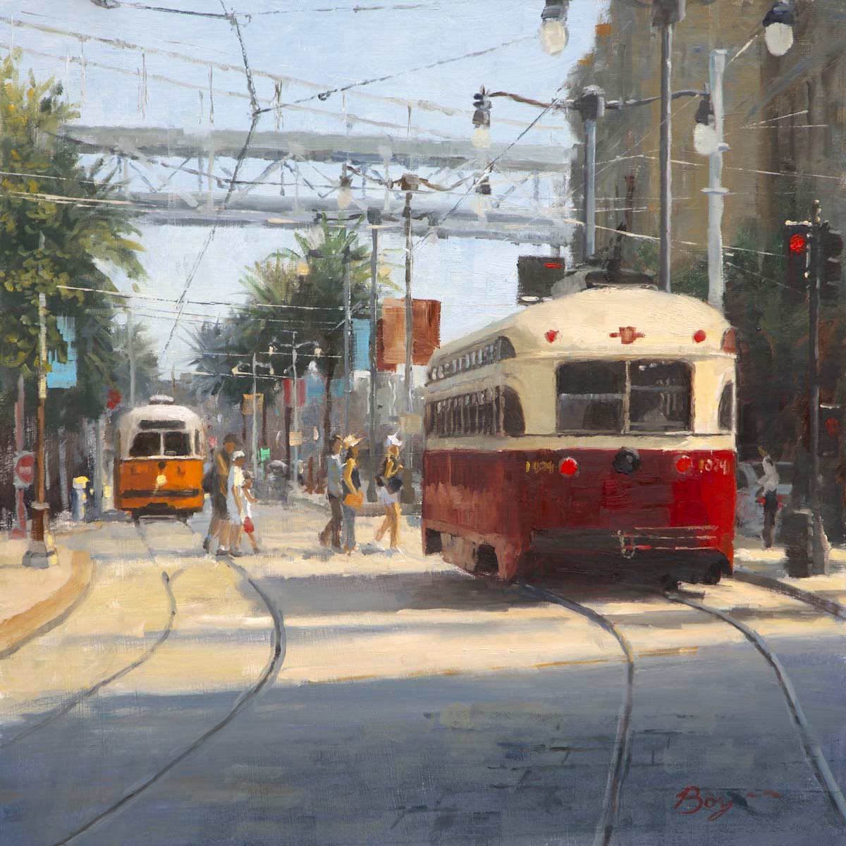 oil painting of trolley car and tracks in city