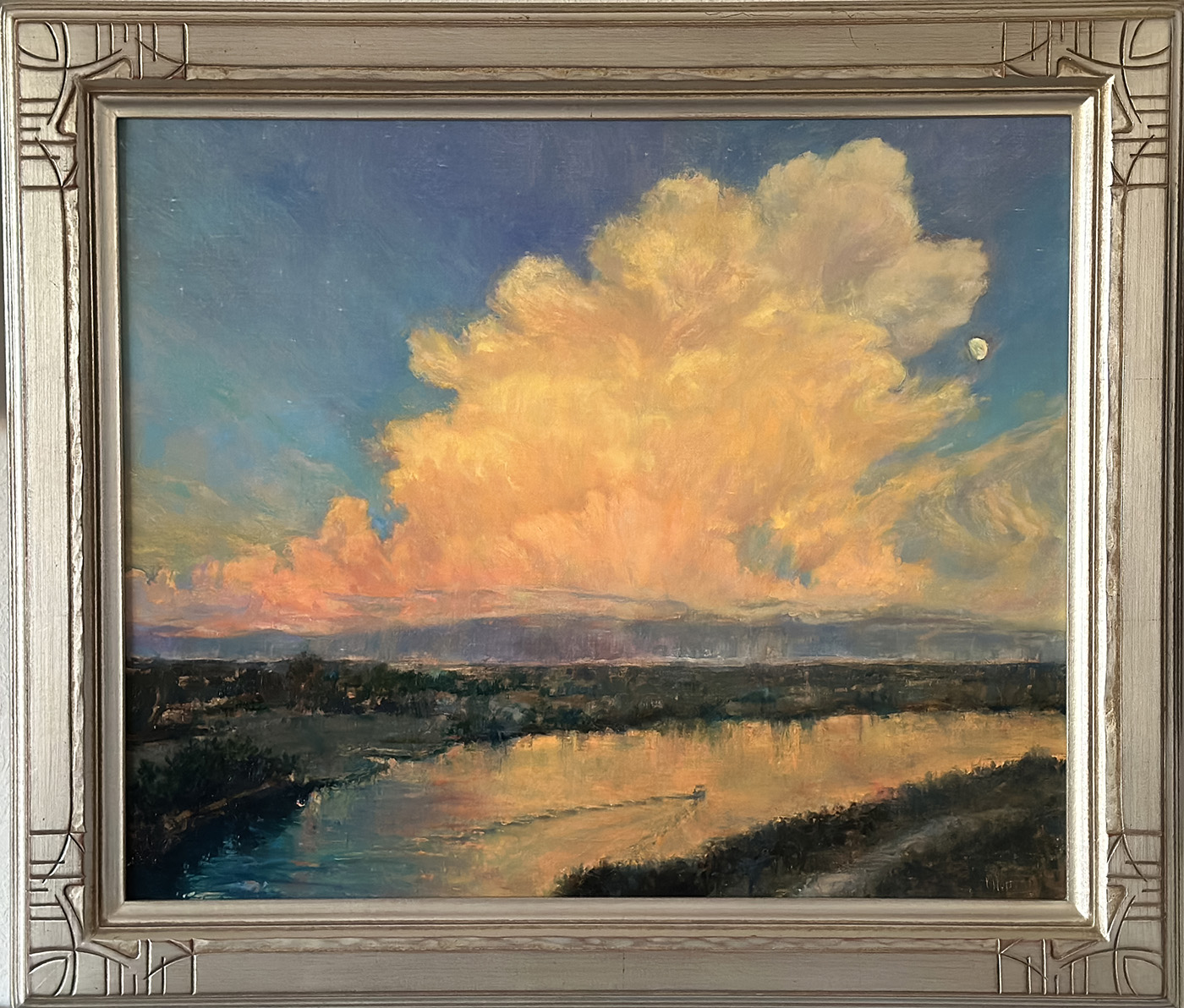 oil painting of sunlight sky with water in foreground