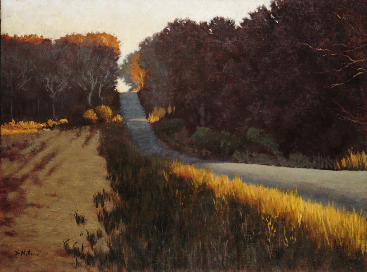 oil painting of fields alongside road