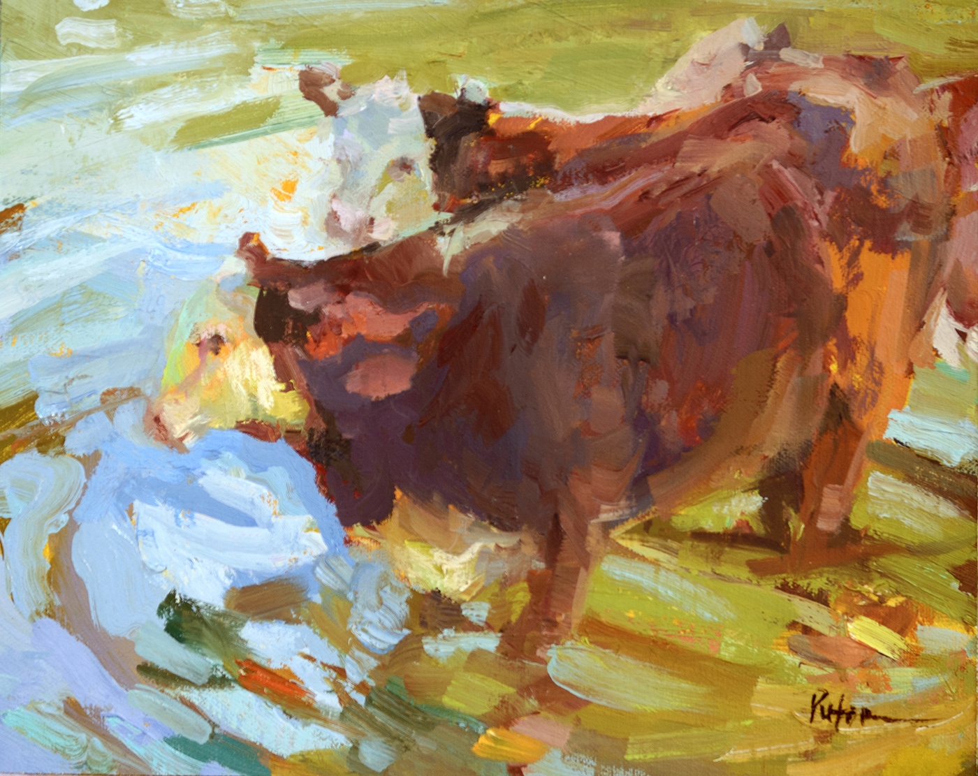 oil painting of cows in water