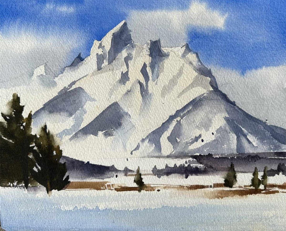 watercolor painting of mountains with snow in it; lake in front