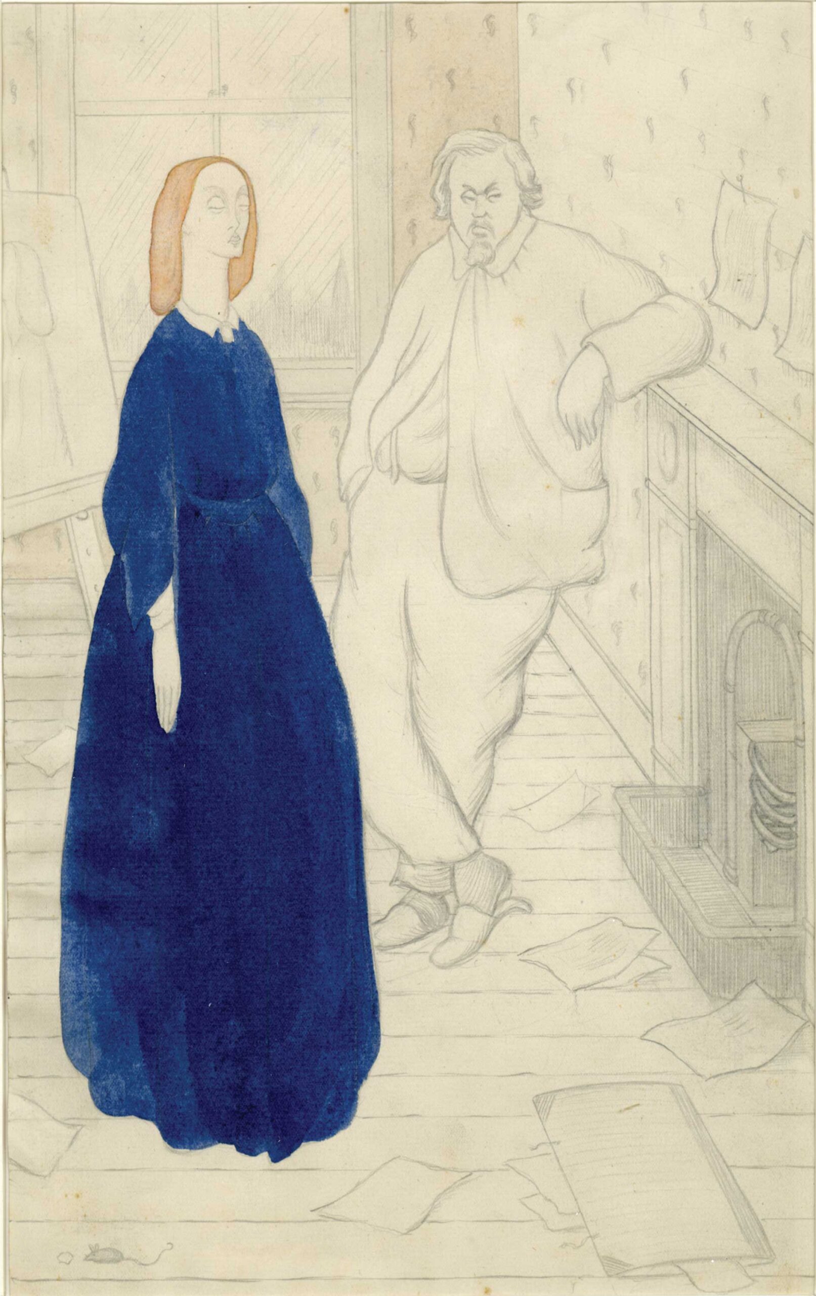 Max Beerbohm (1872–1956), "Rossetti’s Courtship," 1916–17, pencil and watercolor on paper, 12 3/4 x 8 1/3 in., Mark Samuels Lasner Collection, University of Delaware Library, Museums & Press