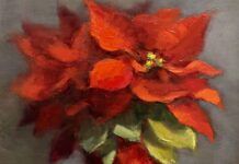 On the Easel: A Timely Painting of a Poinsettia Pat Fiorello, “Poinsettia,” oil, 10 x 10 in., available at https://www.dailypaintworks.com/Artists/pat-fiorello-2105