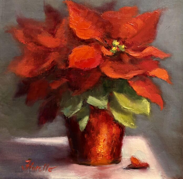 Pat Fiorello, “Poinsettia,” oil, 10 x 10 in., available at https://www.dailypaintworks.com/Artists/pat-fiorello-2105