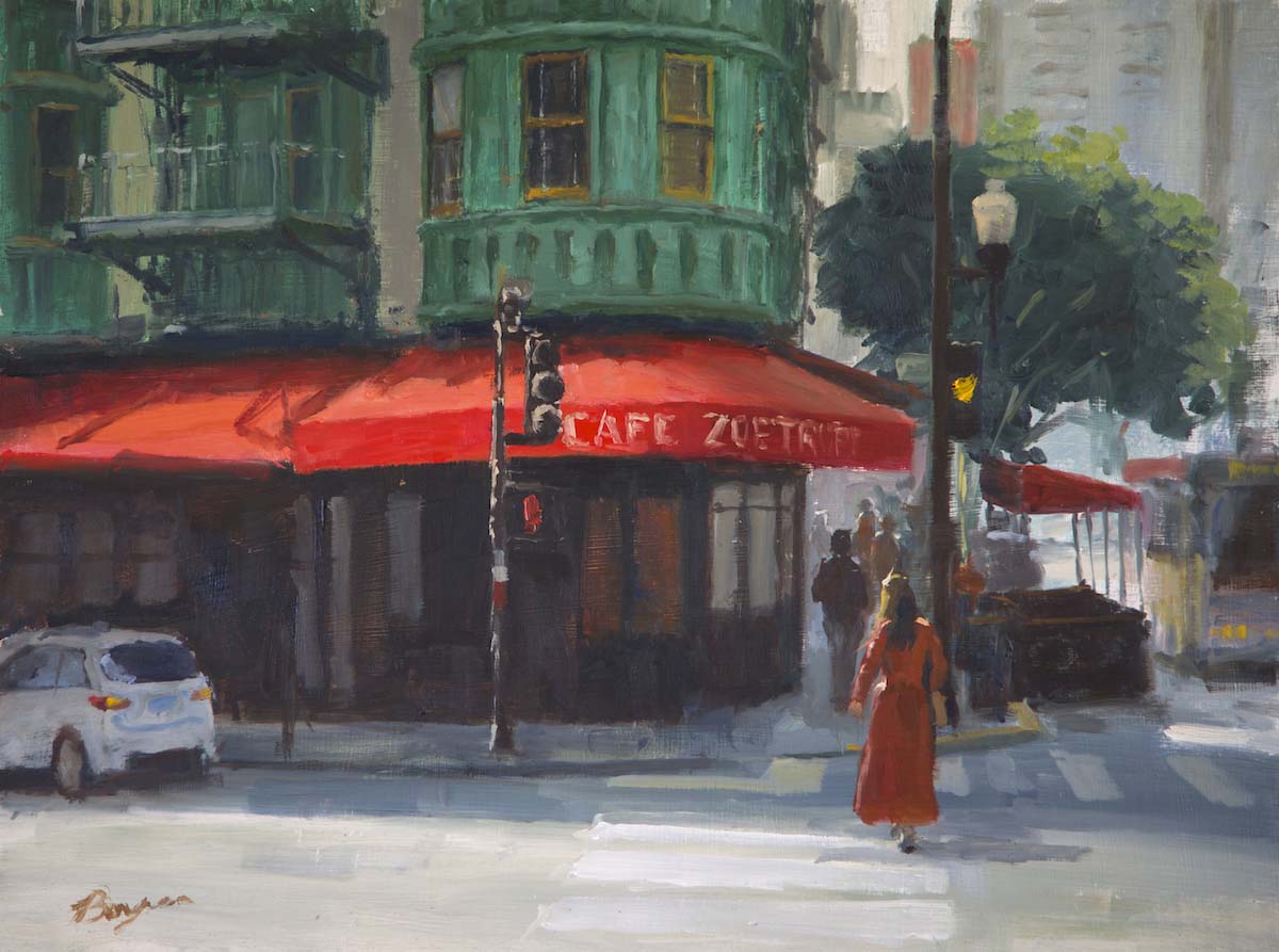 oil painting of cafe on a corner street
