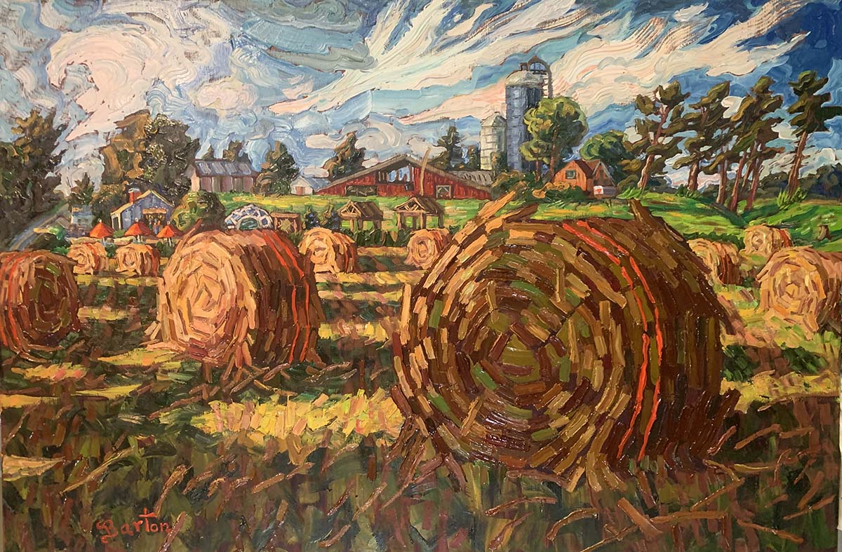 oil painting of hay barrels 