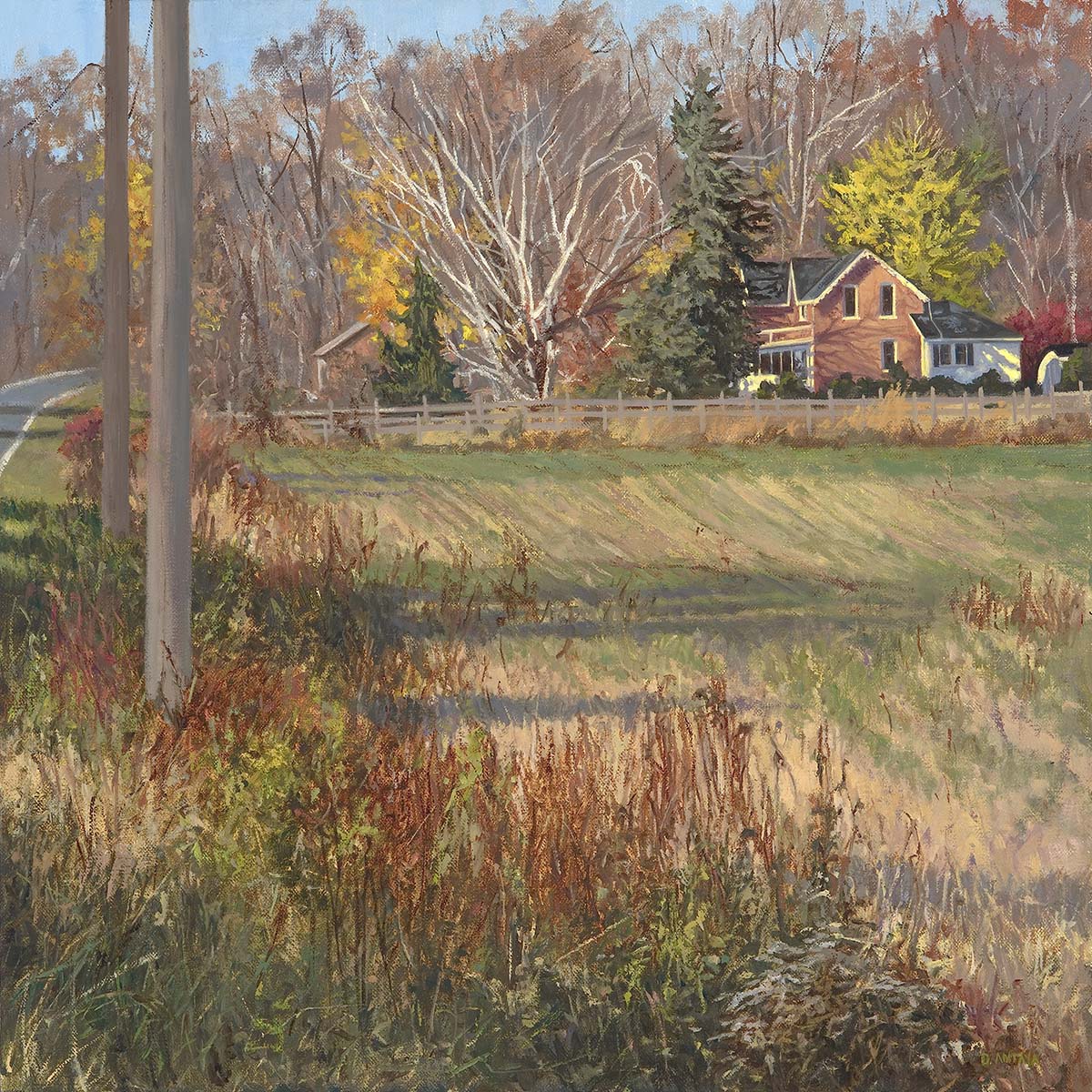oil paitning of house in background surrounded by rural land, trees and bushes, grass